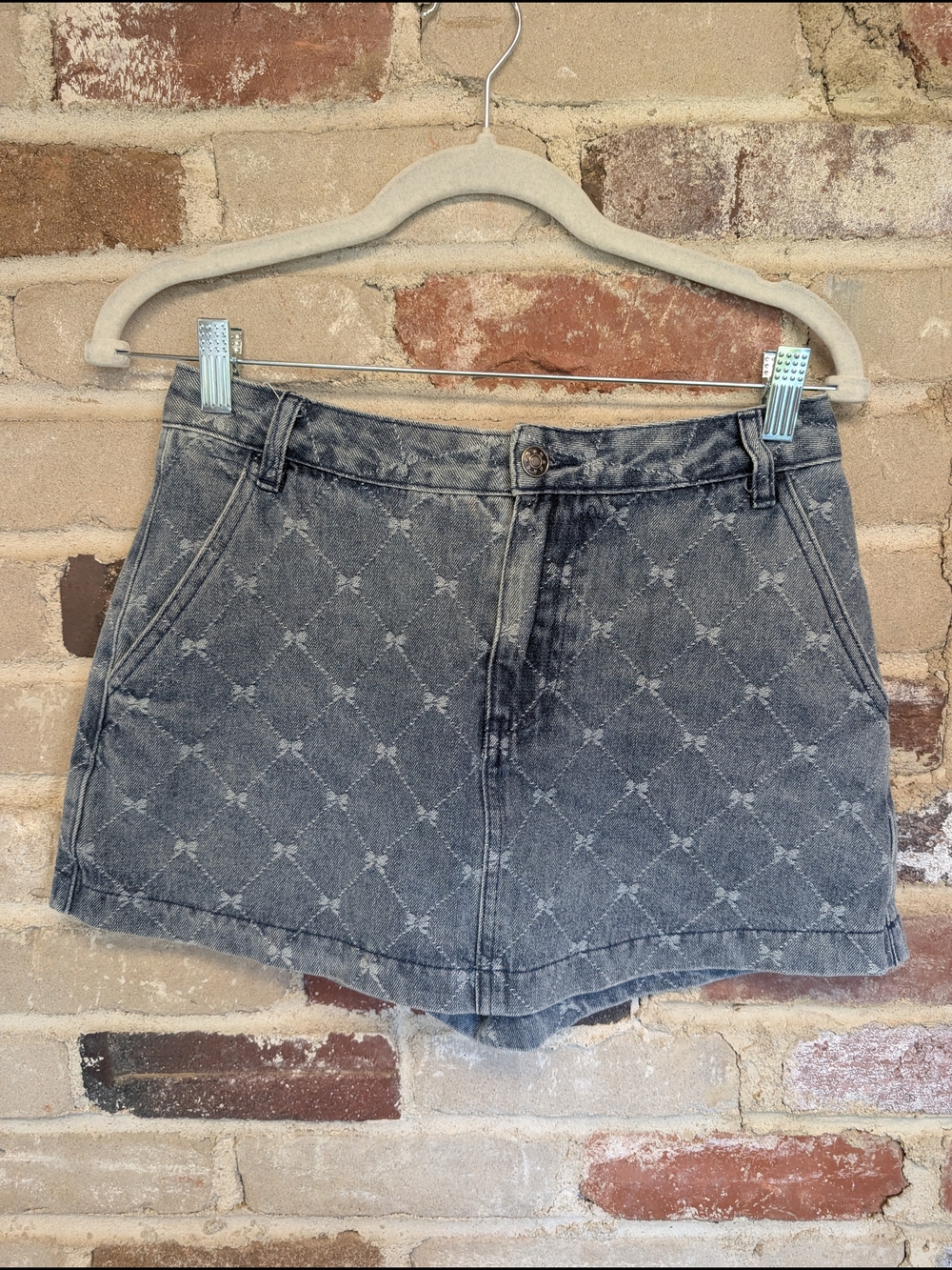 Denim Mini Skirt with Allover Diamond Embroidery - Gray Wash